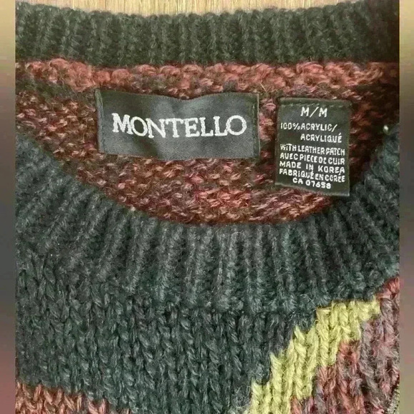 Vintage 90s Patchwork Knit Dad Sweater Bald Eagle w/ Leather Accents Medium - Picture 4 of 7